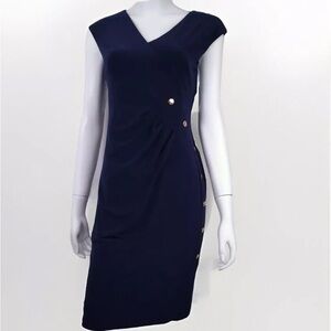 Lauren Ralph Lauren Sheath Knit Dress Navy with Gold Buttons Sz 2 Wear To Work